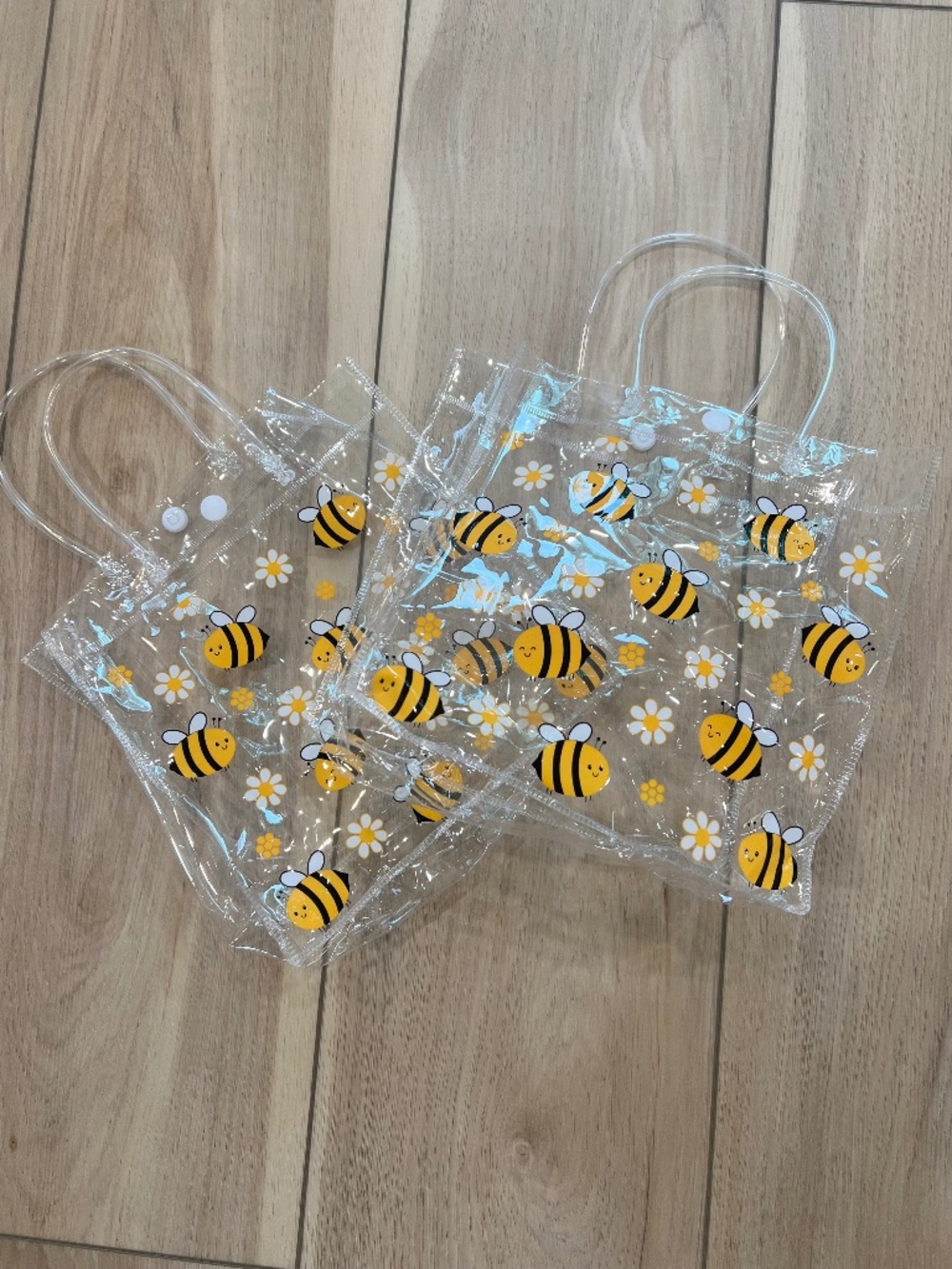 Set of 2 Clear Bee Print Mini Tote Bags – Daisy & Bumblebee PVC Gift Bags